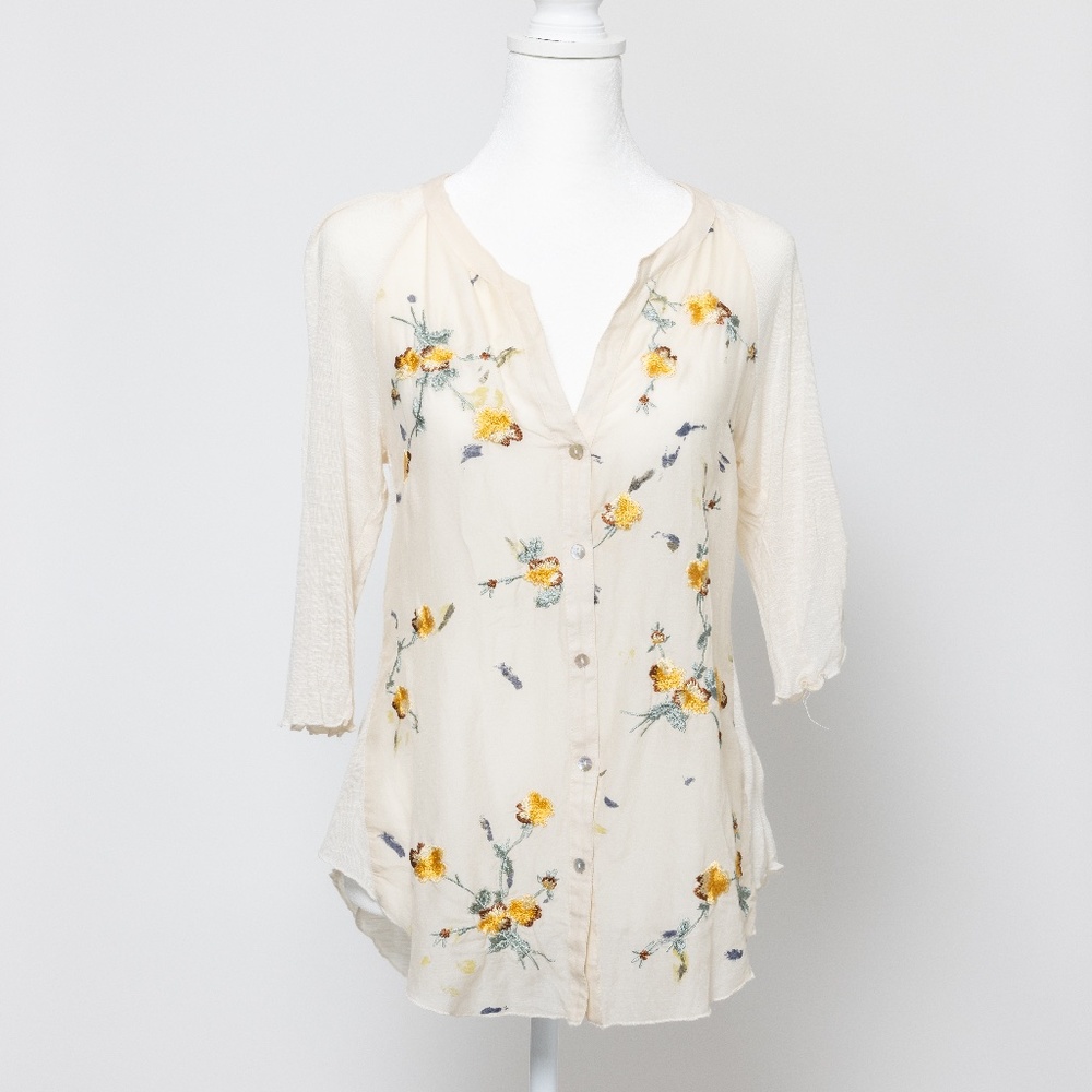 Anthropologie Ivory Embroidered Button down by Tiny